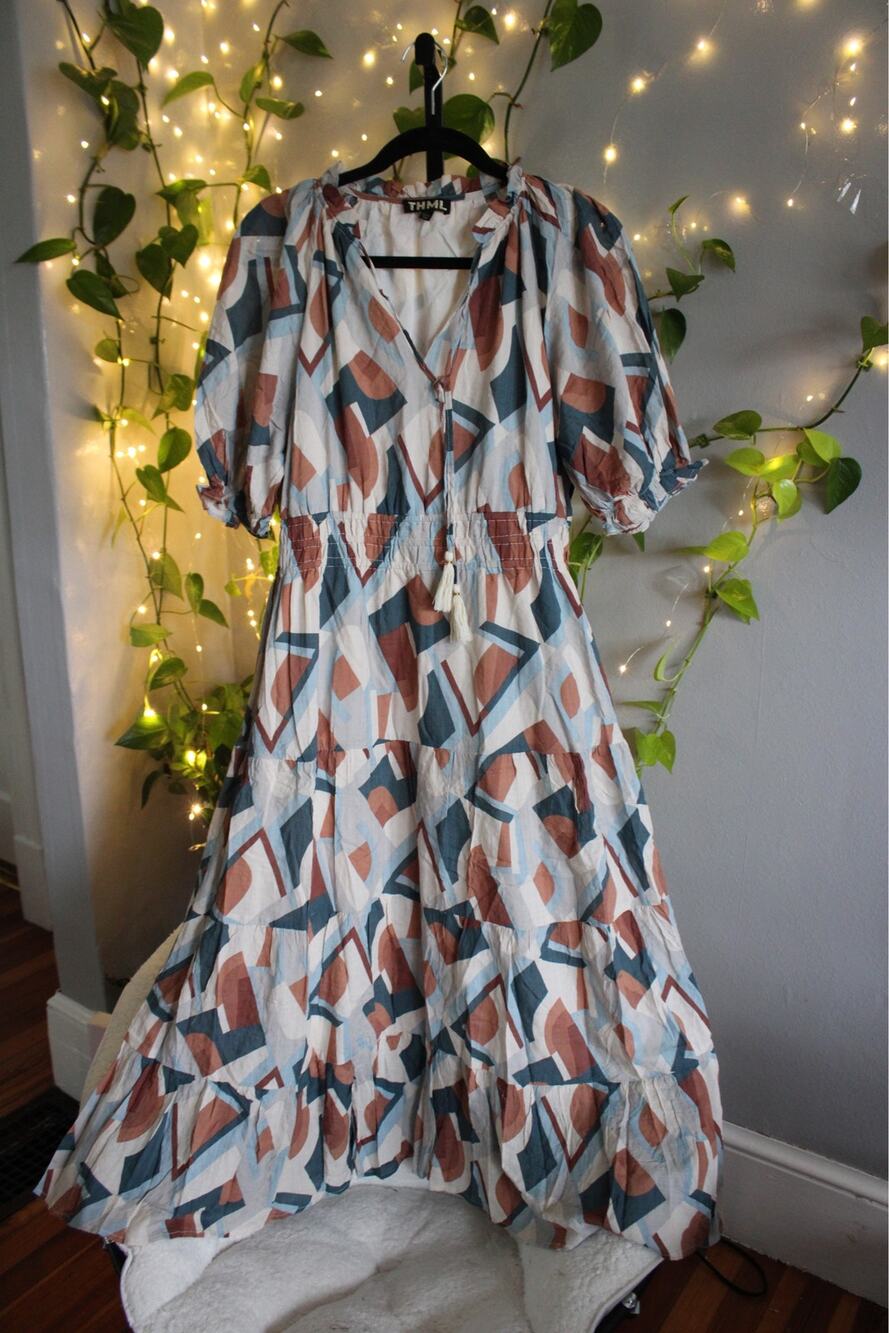 THML Geometric Print Mini Dress in White, Blue, and Brown